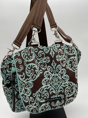 Petunia Pickle Bottom Brown and Aqua Damask Convertible Diaper Shoulder Bag